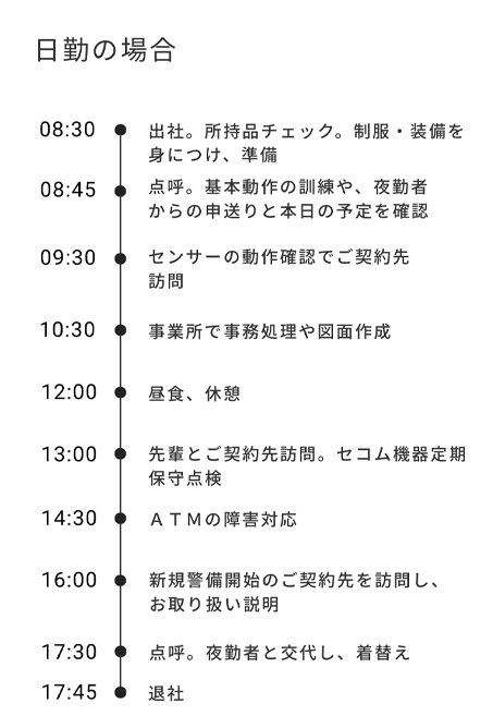 日勤の例|8:45出社、9:00点呼から18:00点呼、18:15退社までの休憩を挟んだ日勤の業務の流れを紹介